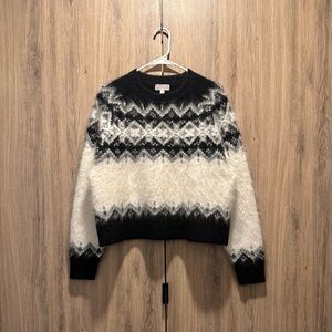 J Crew Brushed Cashmere Black/White/Gray Fair Isle Fuzzy Crewneck Sweater Size M